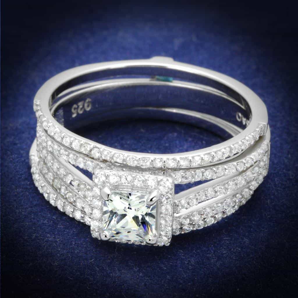 Sterling Silver CZ Princess Halo Channel Double Row Pave Ring view 7