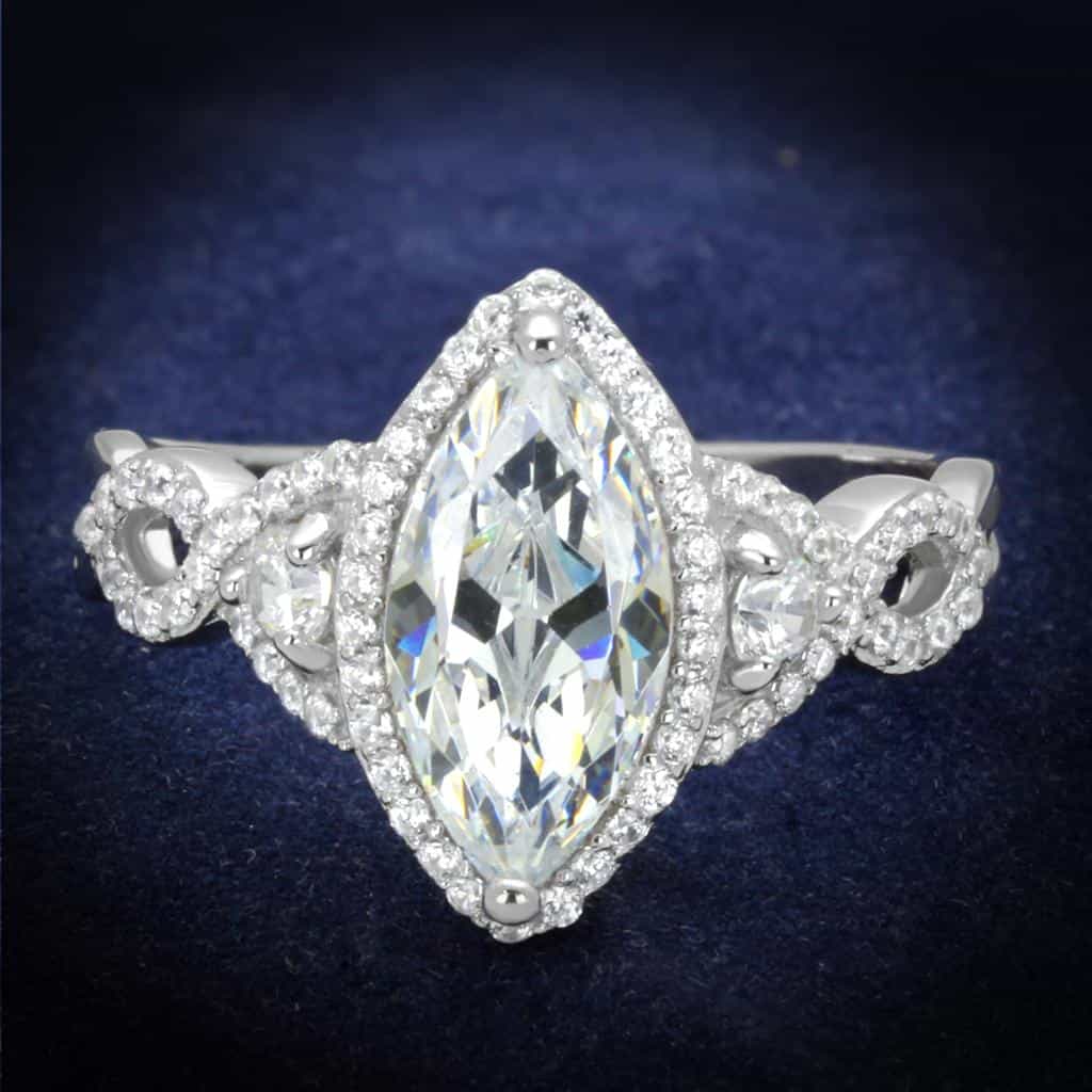 Sterling Silver CZ Marquise Large Halo Filigree Pave Ring view 1