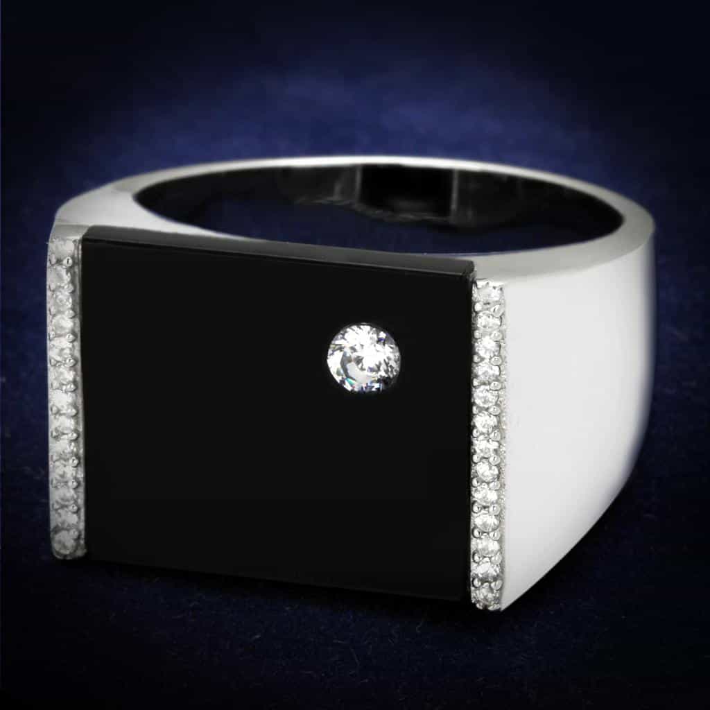 Sterling Silver Black Onyx CZ Round Solitaire Flat Signet Ring view 1
