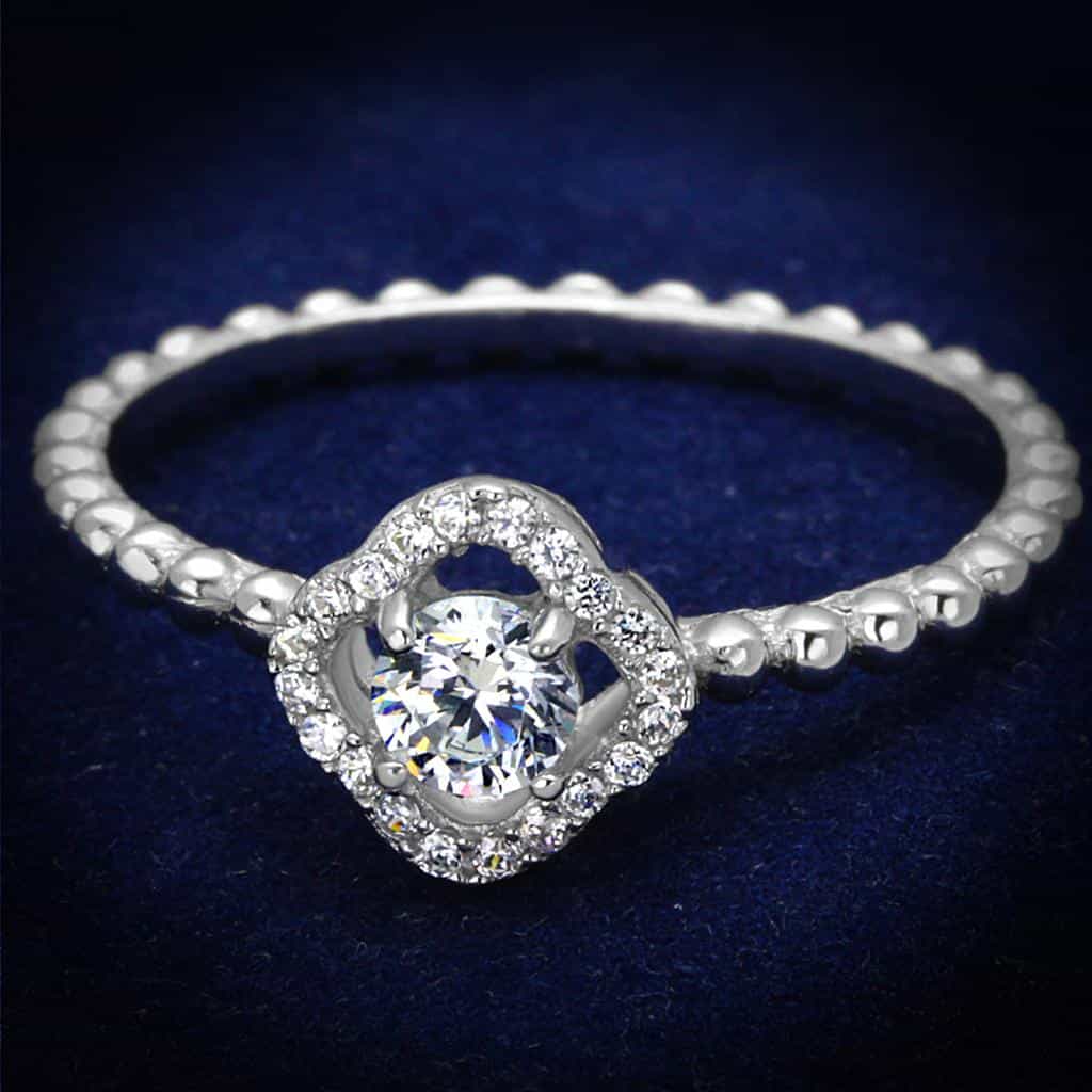 Sterling Silver CZ Round Beaded Halo Pave Thin Ring view 6