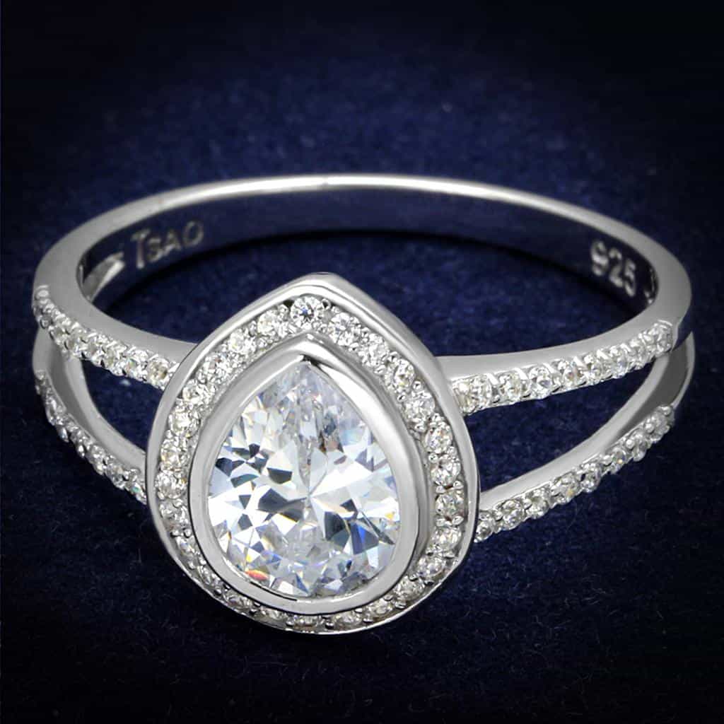 Sterling Silver CZ Pear Bezel Halo Split Shank Pave Ring view 6