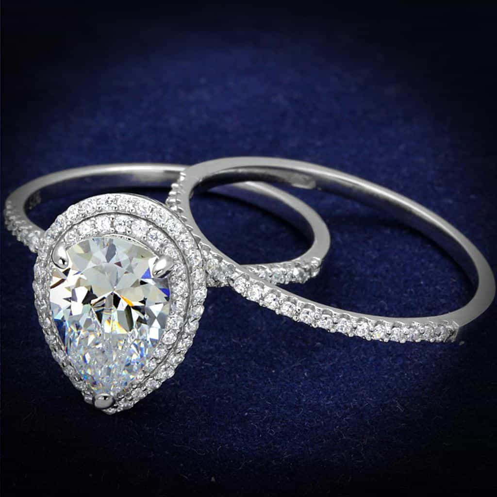 Sterling Silver CZ Pear Halo Pave Bridal Set Ring view 1