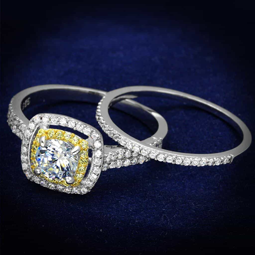 Sterling Silver Gold Two Tone CZ Cushion Halo Pave Bridal Ring view 1