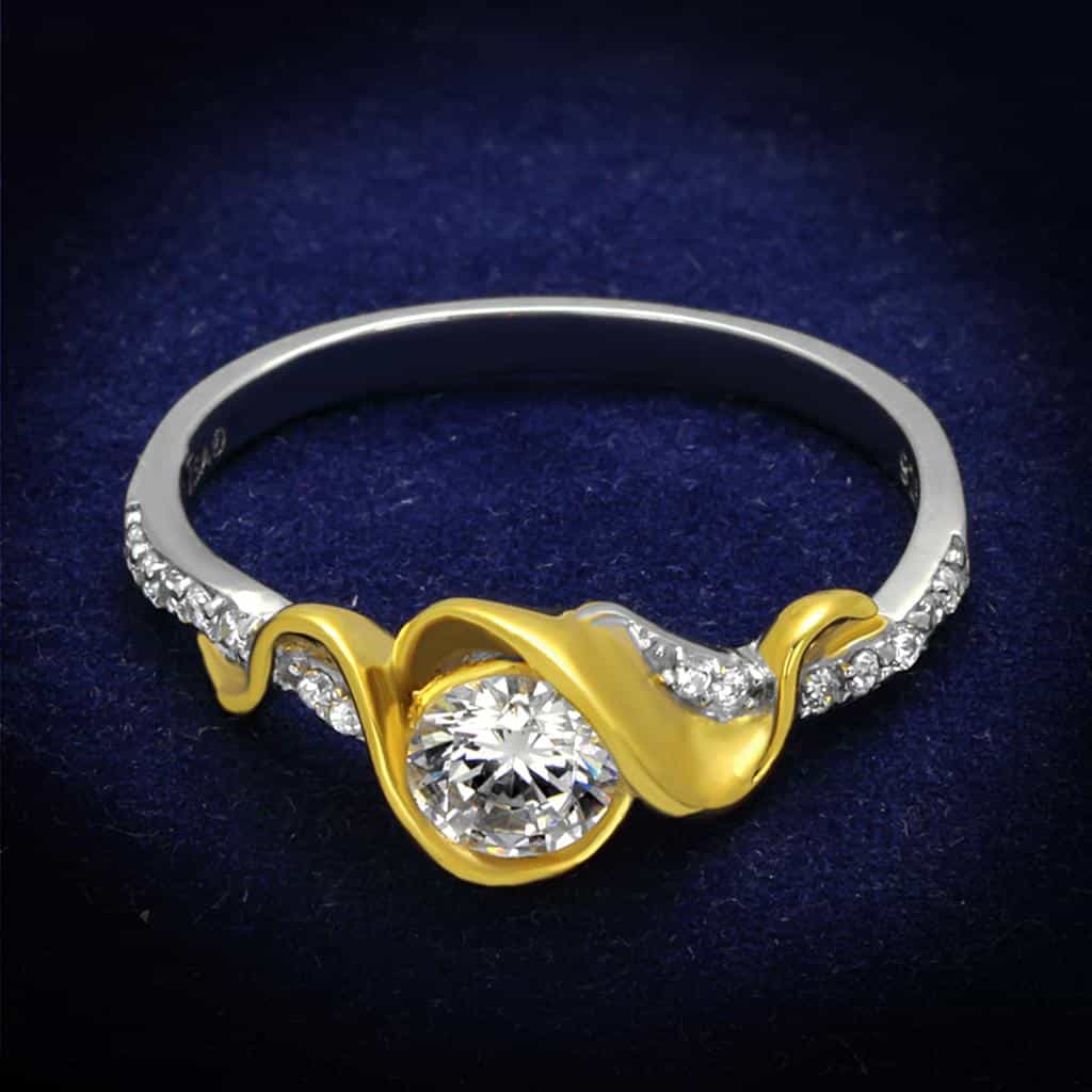 Sterling Silver Gold Two Tone CZ Round Wave Bypass Pave Ring view 1