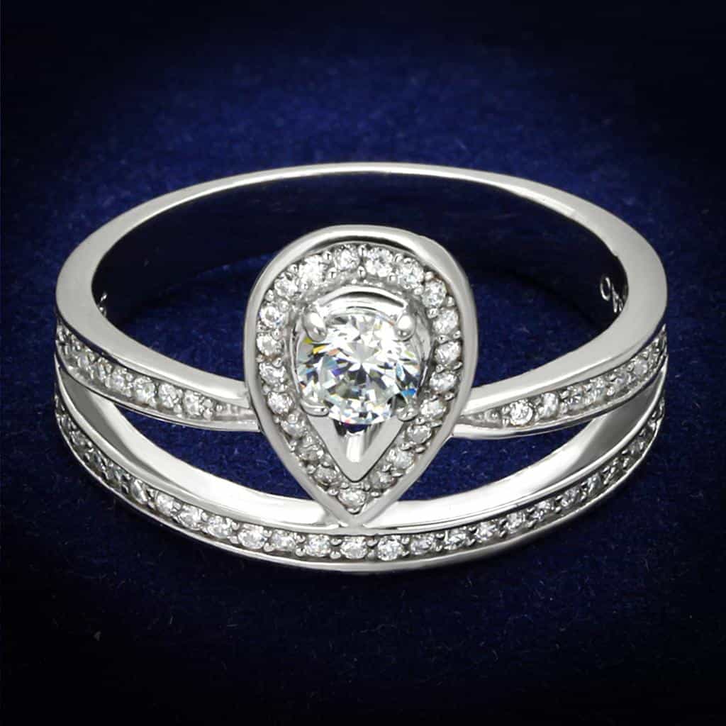 Sterling Silver CZ Pear Halo Multi Row Pave Ring view 1