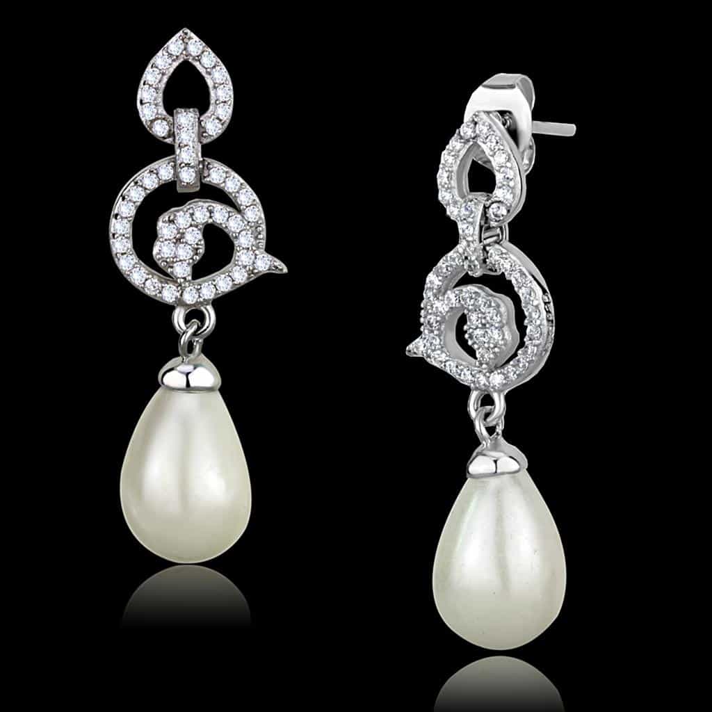 Sterling Silver CZ Treble Clef Music Pearl Drop Earrings view 1