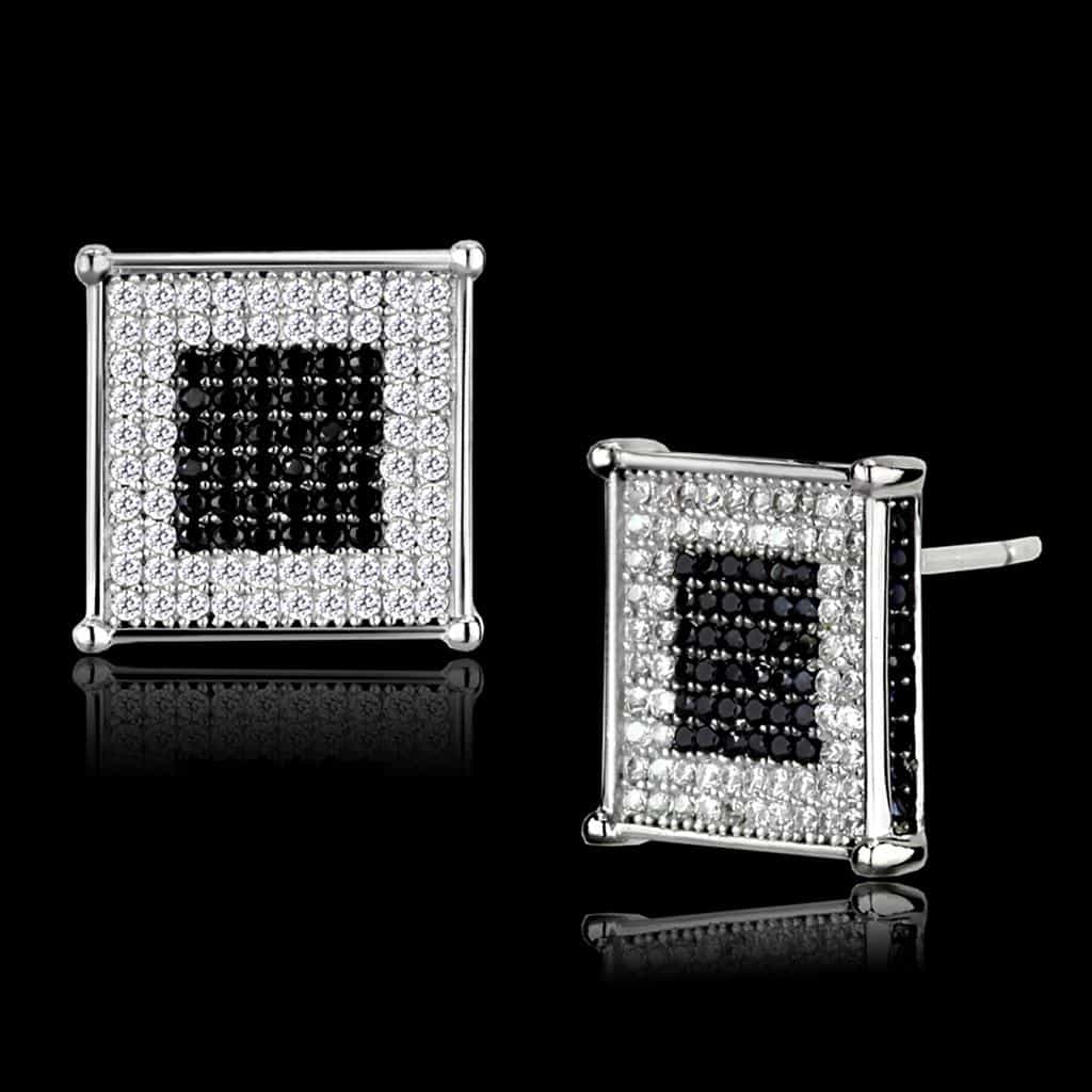 Sterling Silver Black White CZ Pave Square Large Stud Earrings view 1