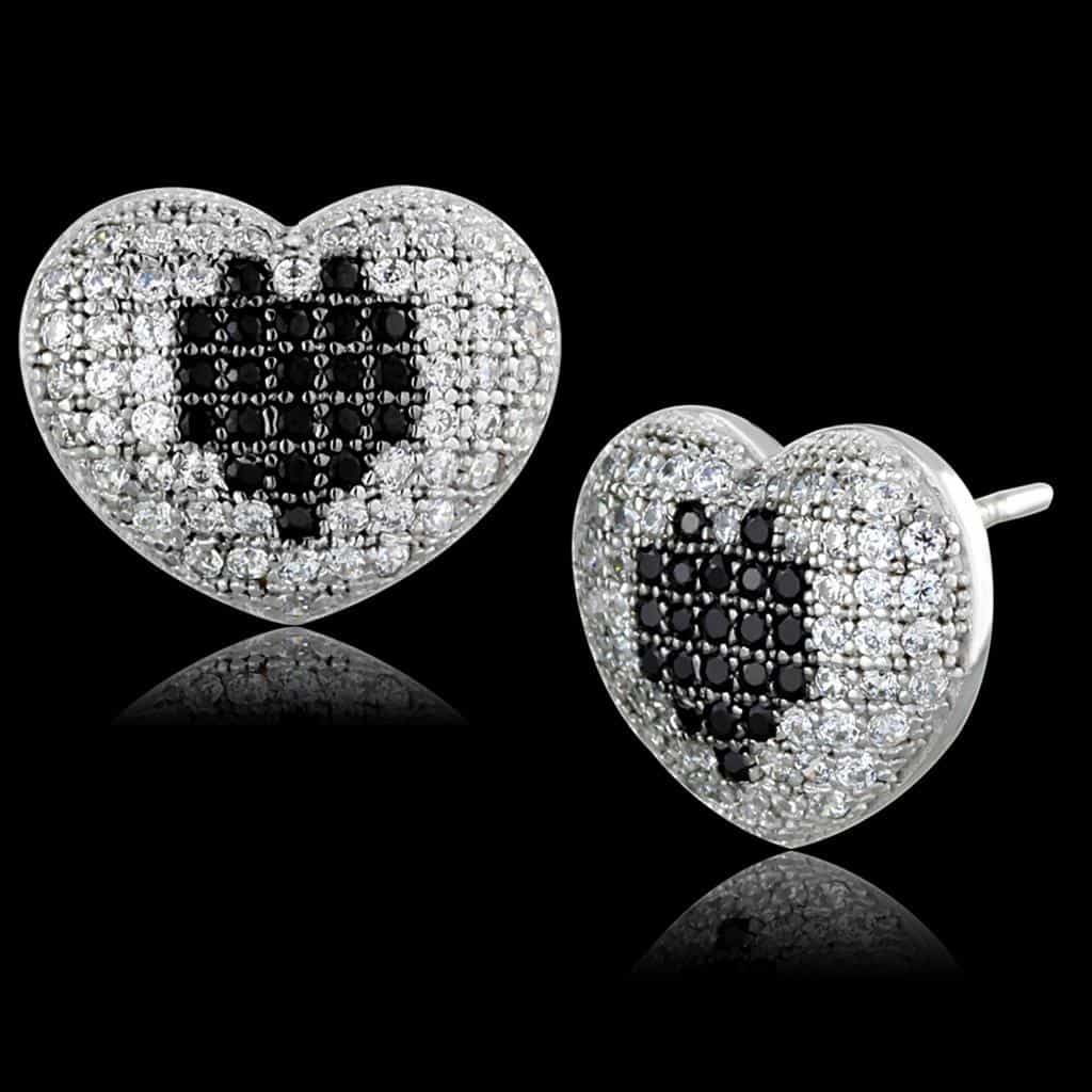 Sterling Silver Black White CZ Pave Heart Stud Earrings view 1