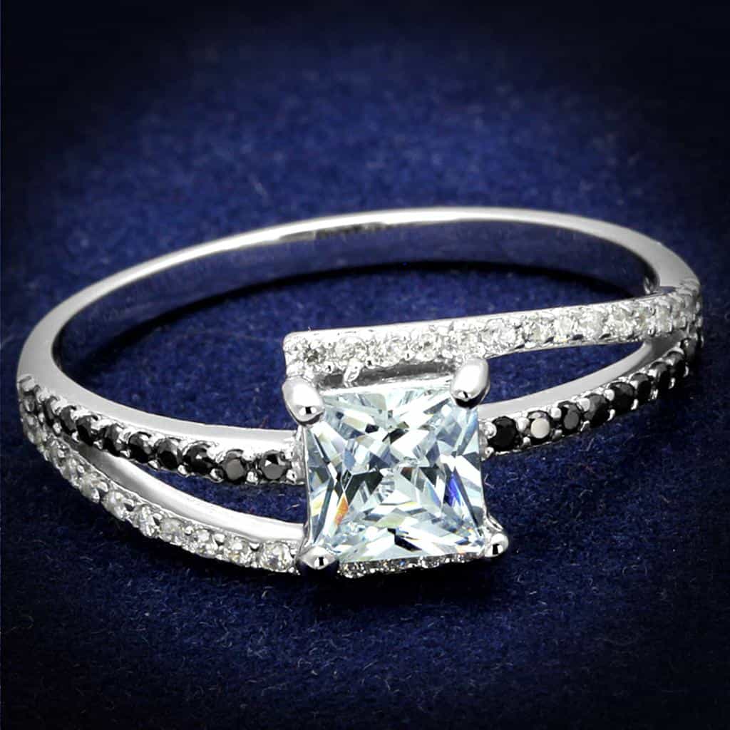 Sterling Silver Black CZ Princess Channel Bypass Thin Ring view 1