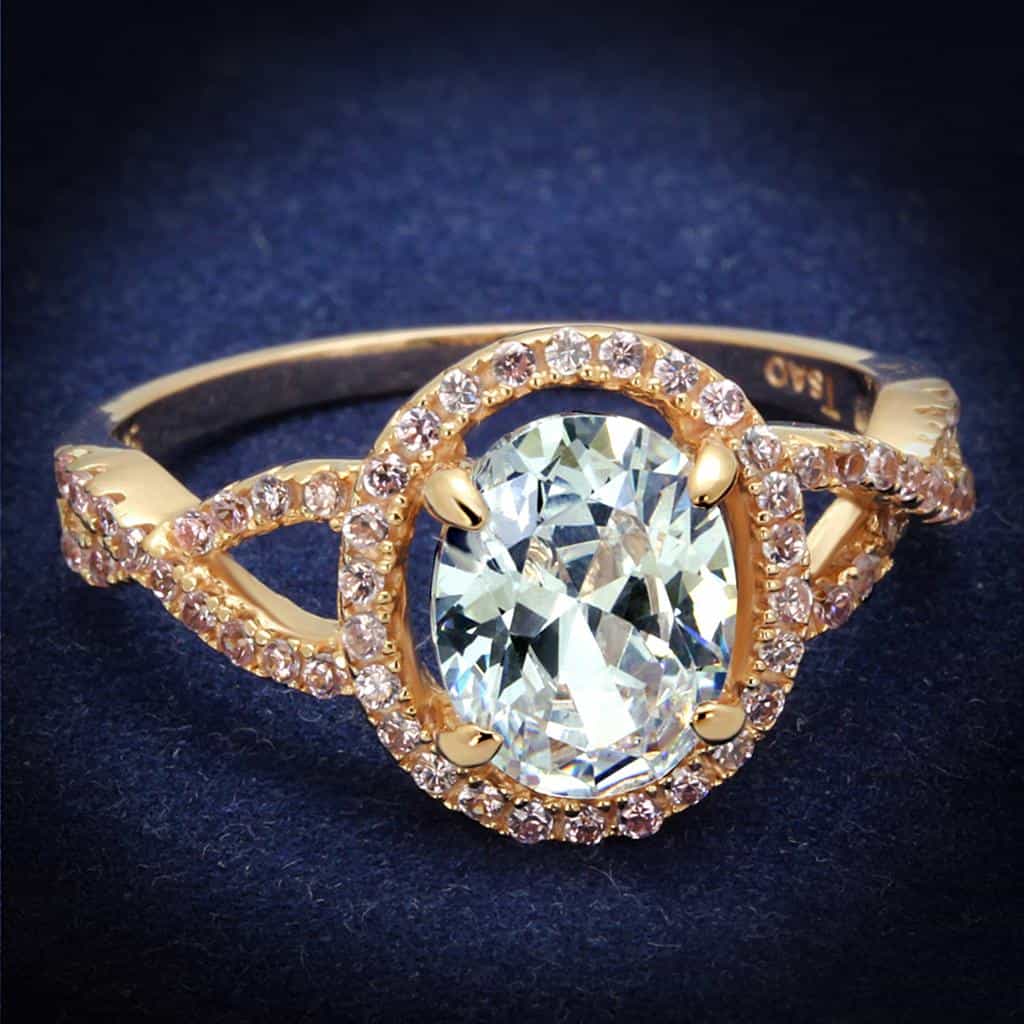 Sterling Silver Rose Gold CZ Oval Halo Pave Ring view 1