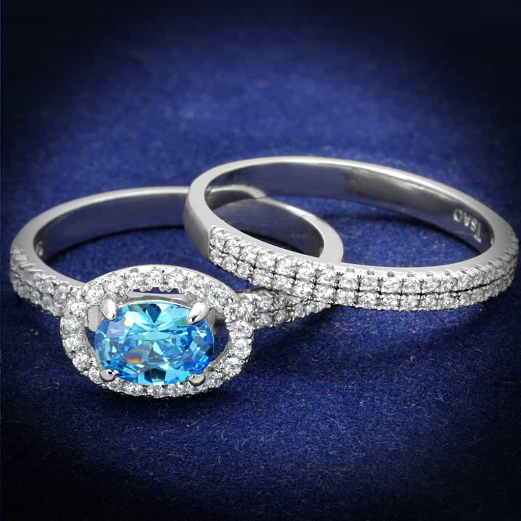 Sterling Silver Blue Topaz Oval Pave Bridal Set Ring view 1