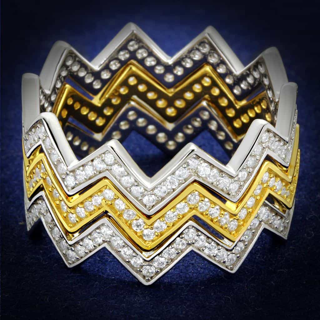 Sterling Silver Gold Two Tone CZ Zigzag Chevron Stack Triple Ring view 1