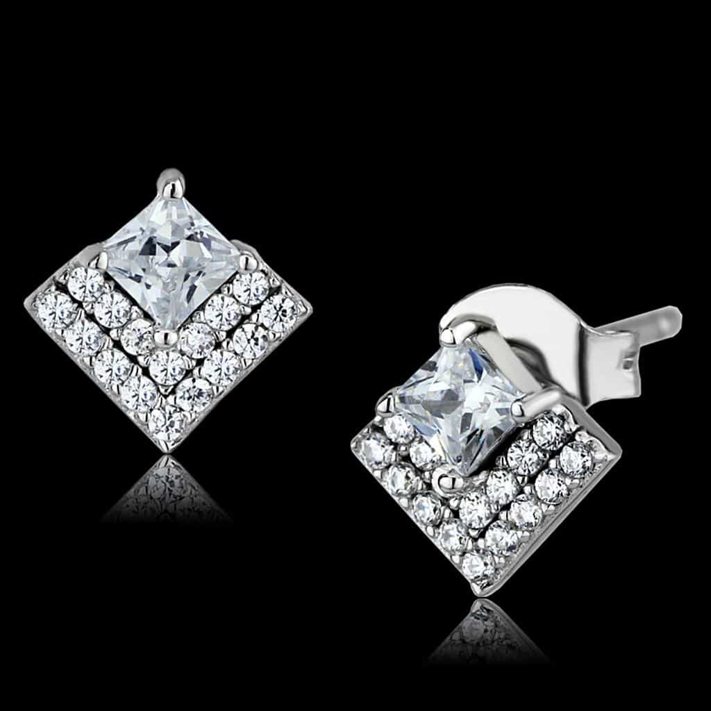 Sterling Silver CZ Princess Diamond Halo Stud Earrings view 1