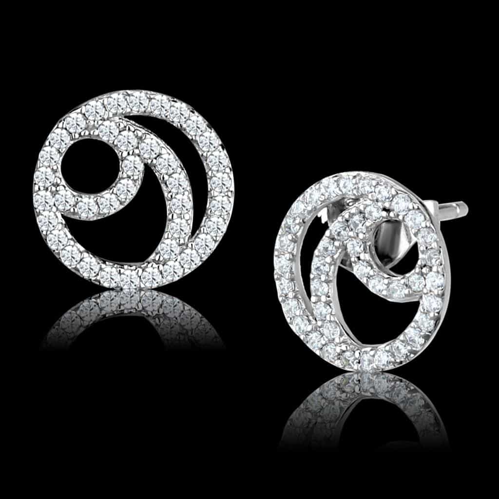 Sterling Silver CZ Pave Spiral Circle Stud Earrings view 1