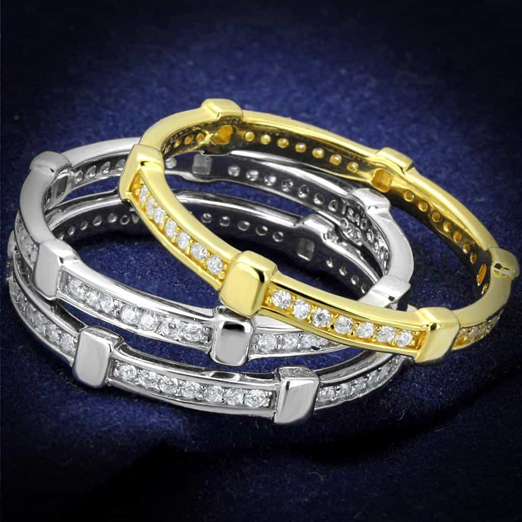 Sterling Silver Gold Two Tone Black CZ Channel Triple Stack Ring view 1