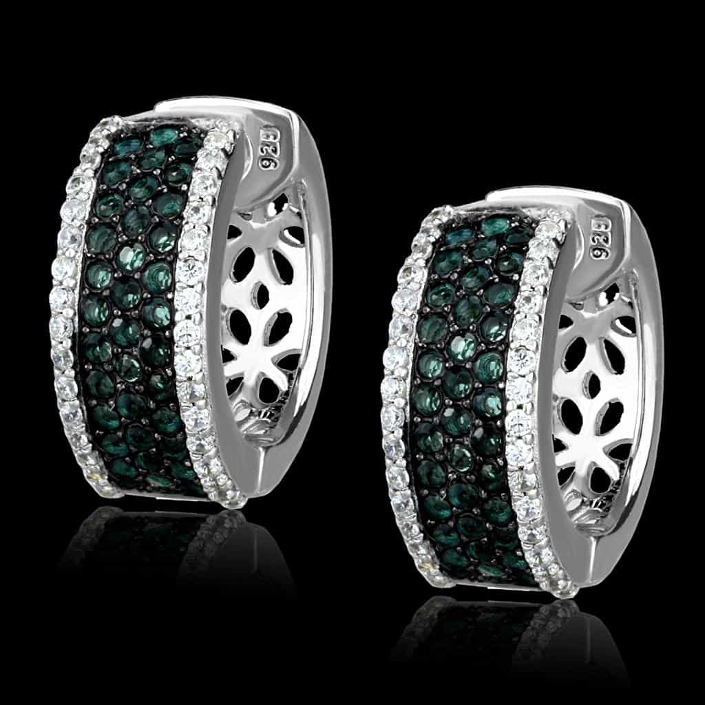 Sterling Silver Green Emerald CZ Pave Wide Huggie Hoop Earrings view 1