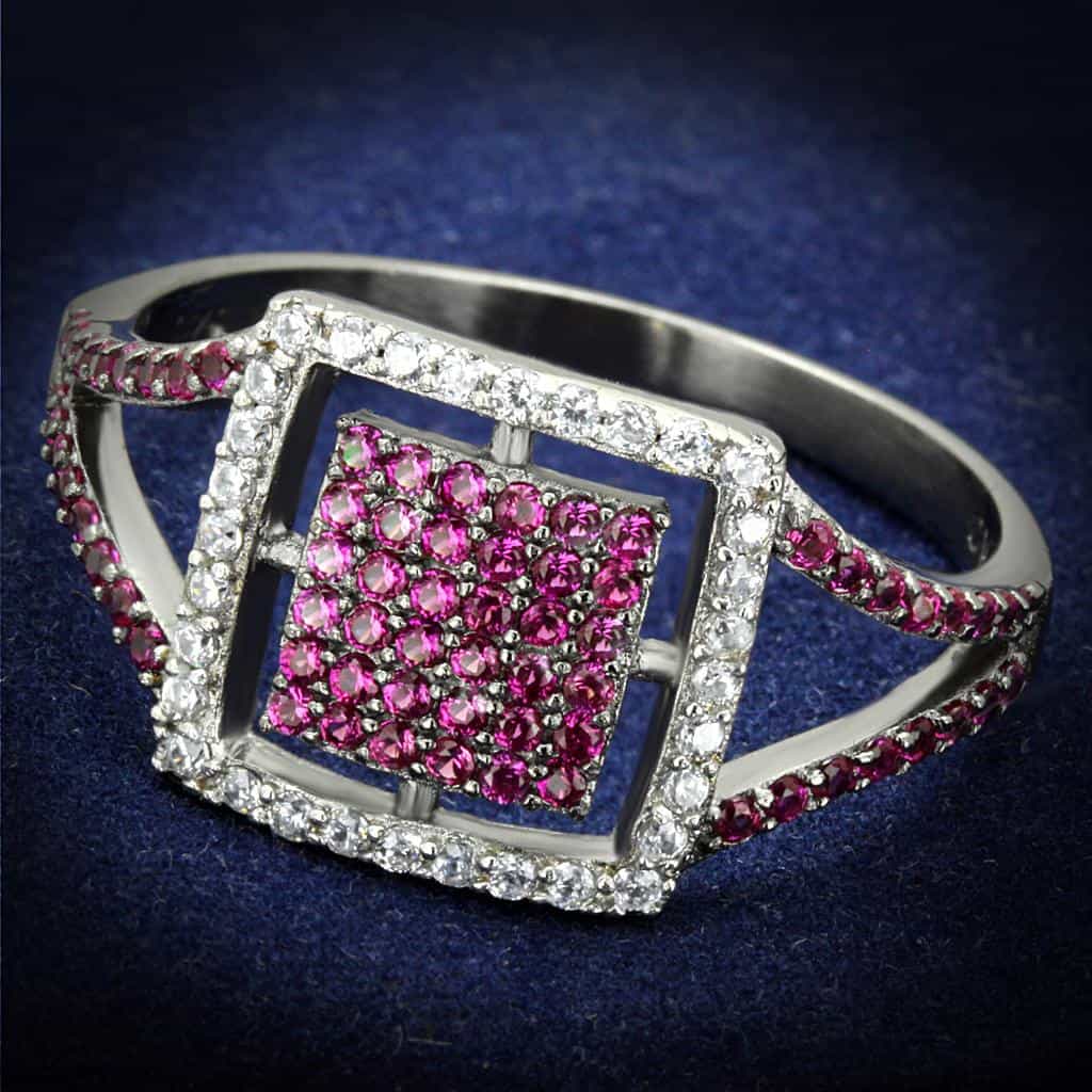 Sterling Silver Pink Ruby CZ Pave Square Halo Ring view 1