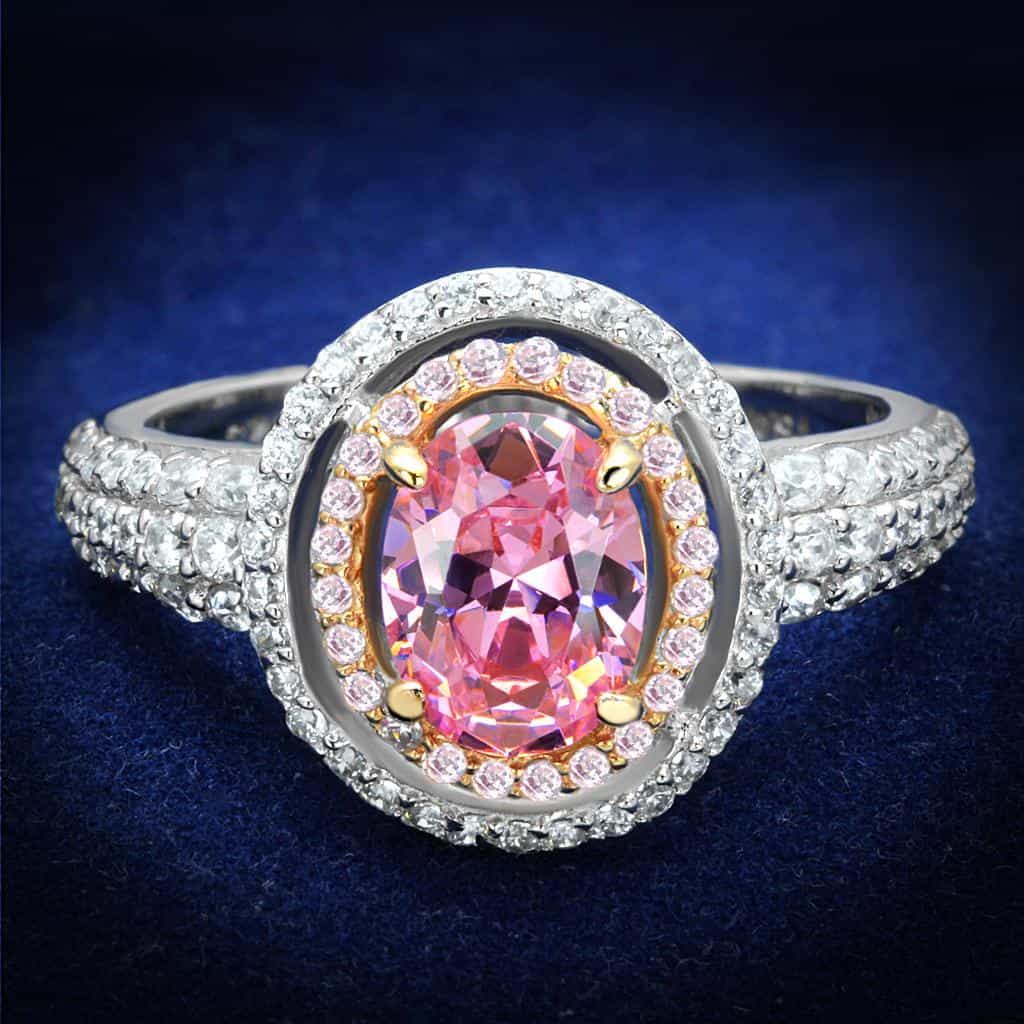 Sterling Silver Pink CZ Oval Double Halo Pave Ring view 1