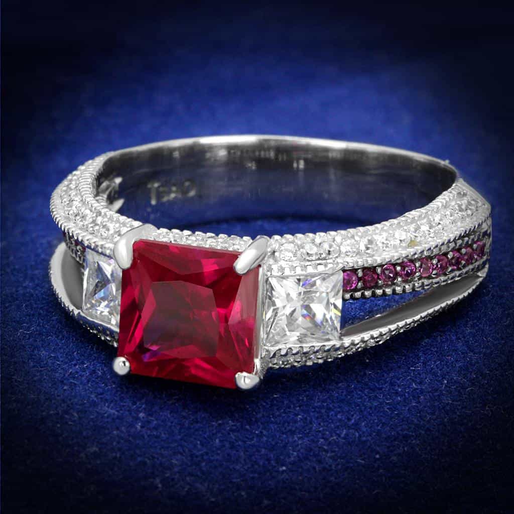 Sterling Silver Ruby Princess Three Stone Milgrain Pave Ring view 1