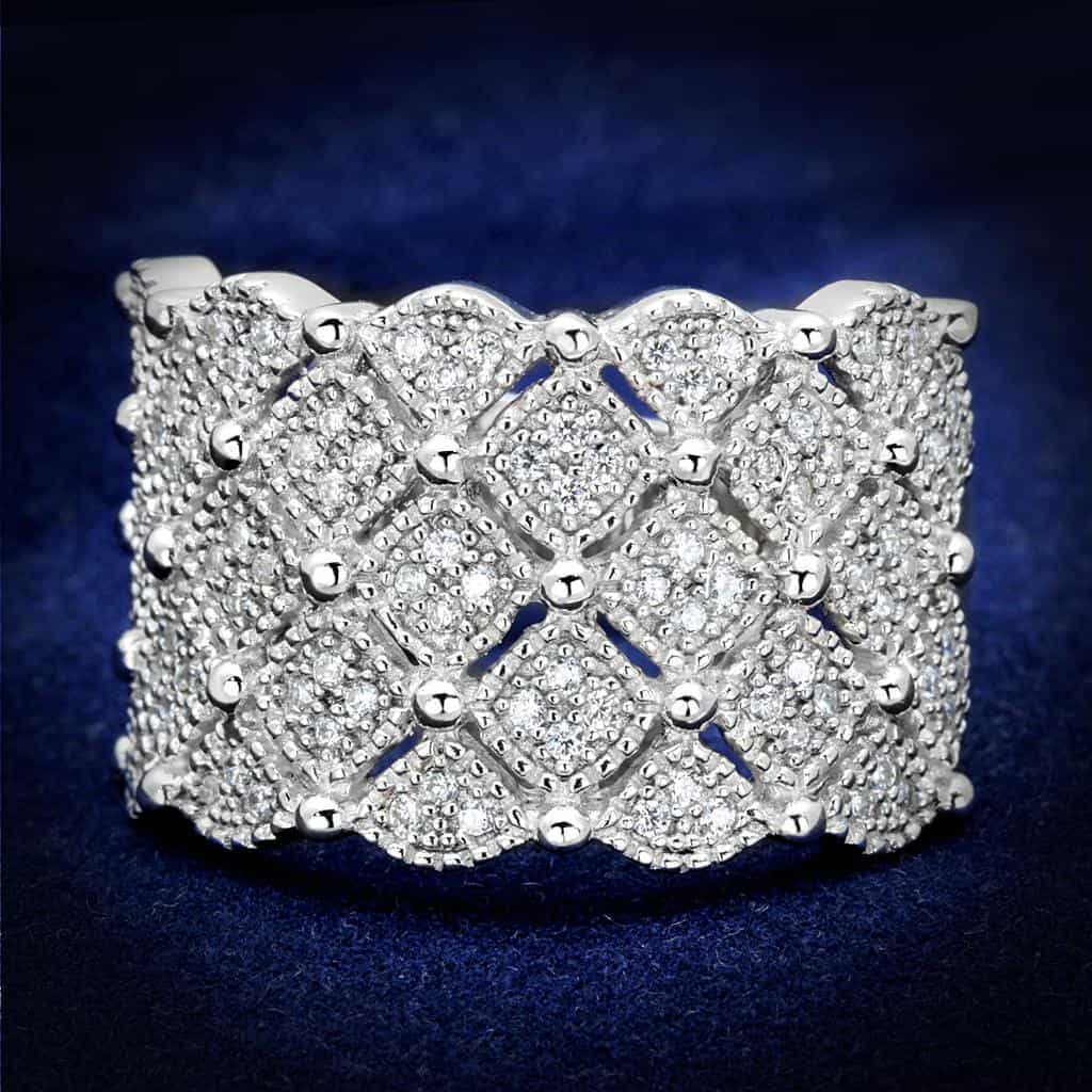 Sterling Silver CZ Pave Diamond Lattice Wide Filigree Ring view 1