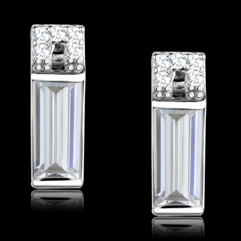 Sterling Silver CZ Baguette Bar Rectangle Stud Earrings view 1
