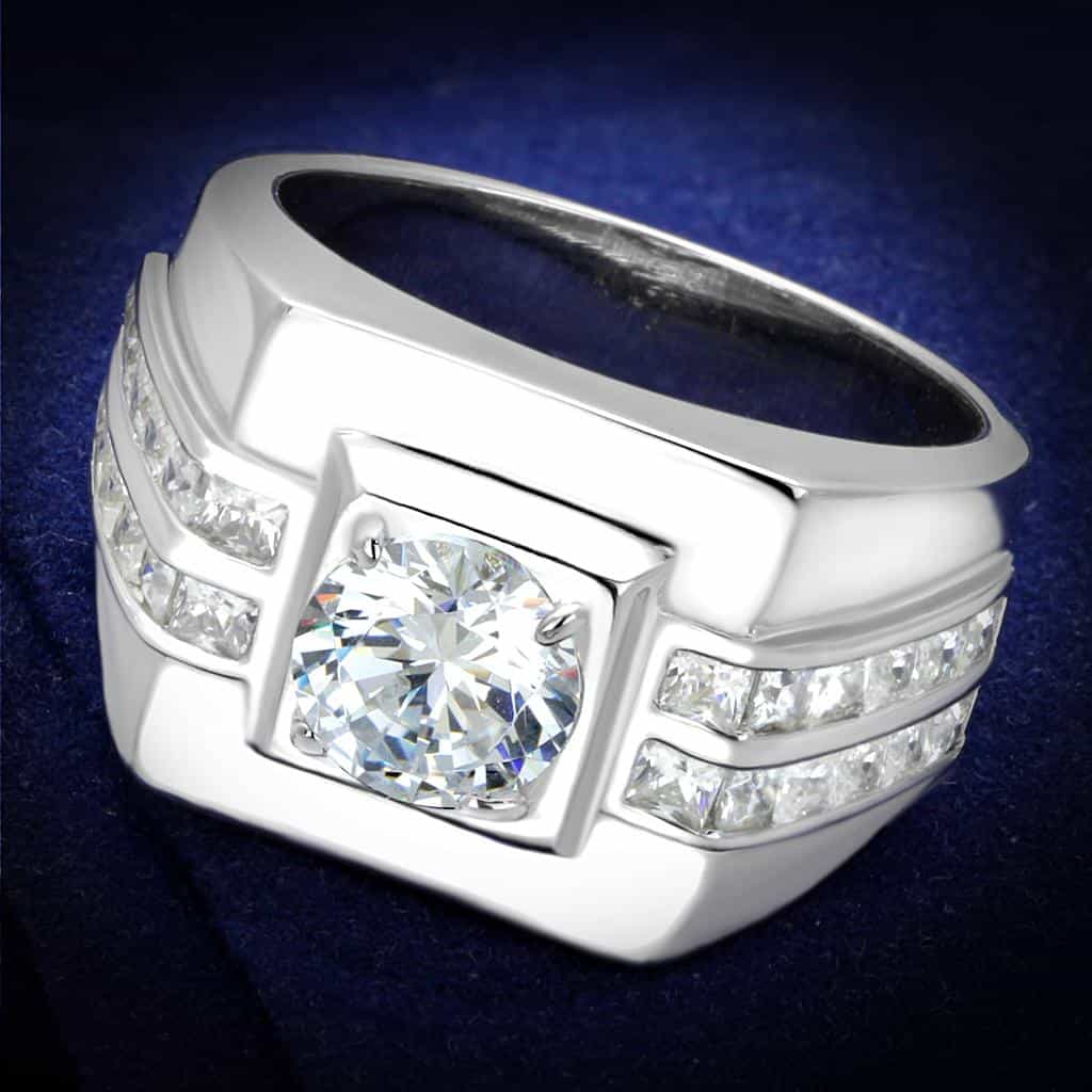 Sterling Silver CZ Round Square Bezel Channel Wide Signet Ring view 1
