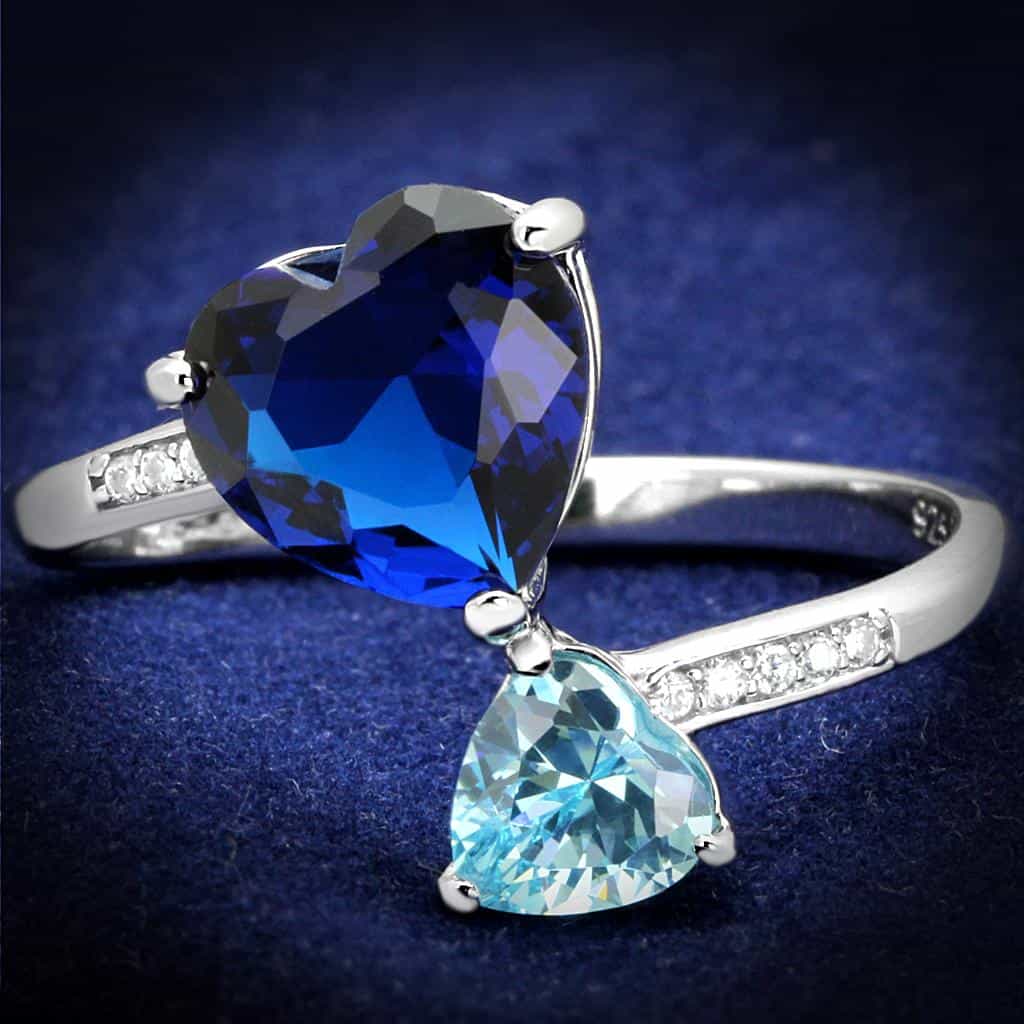 Sterling Silver Blue Sapphire Pear Aqua CZ Bypass Ring view 1