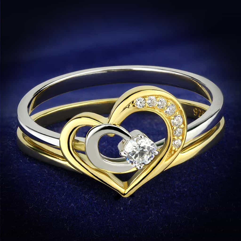 Sterling Silver Gold Two Tone CZ Heart Solitaire Open Ring view 1
