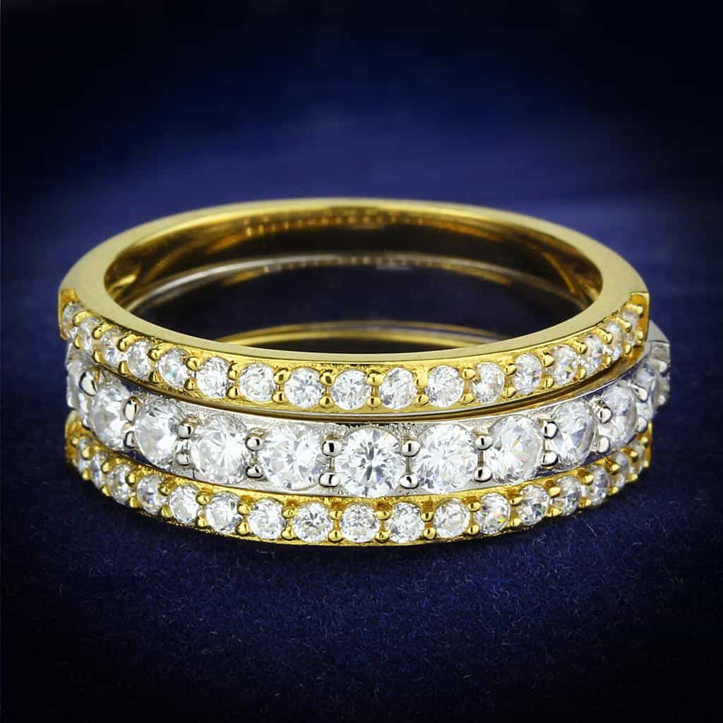 Sterling Silver Gold Two Tone CZ Triple Row Eternity Stack Ring view 1