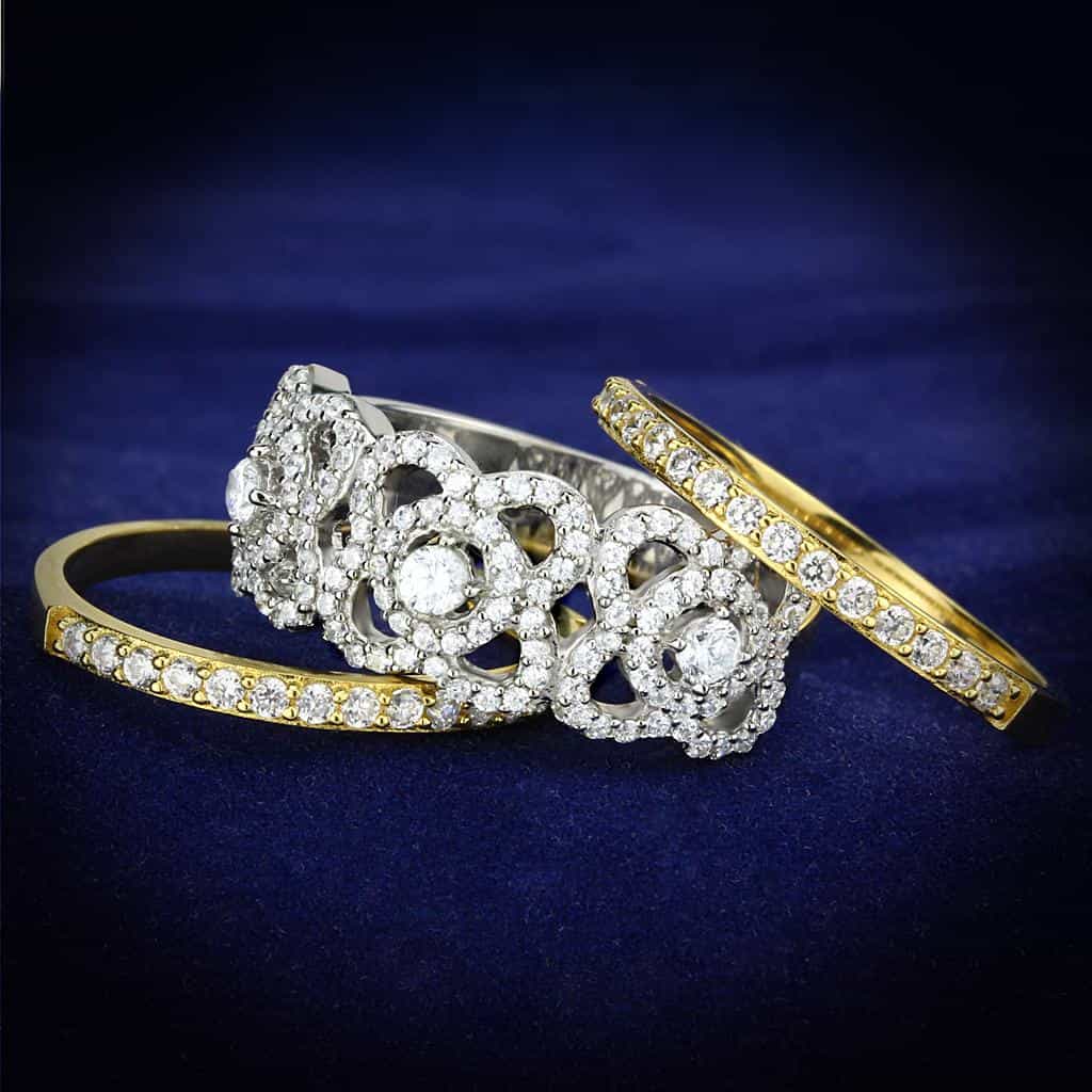 Sterling Silver Gold Two Tone CZ Round Cluster Halo Pave Ring view 1