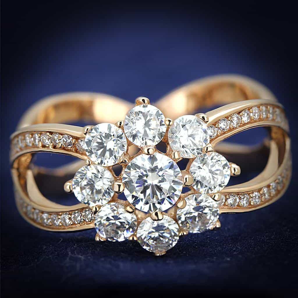 Sterling Silver Rose Gold Two Tone CZ Round Flower Cluster Ring view 1
