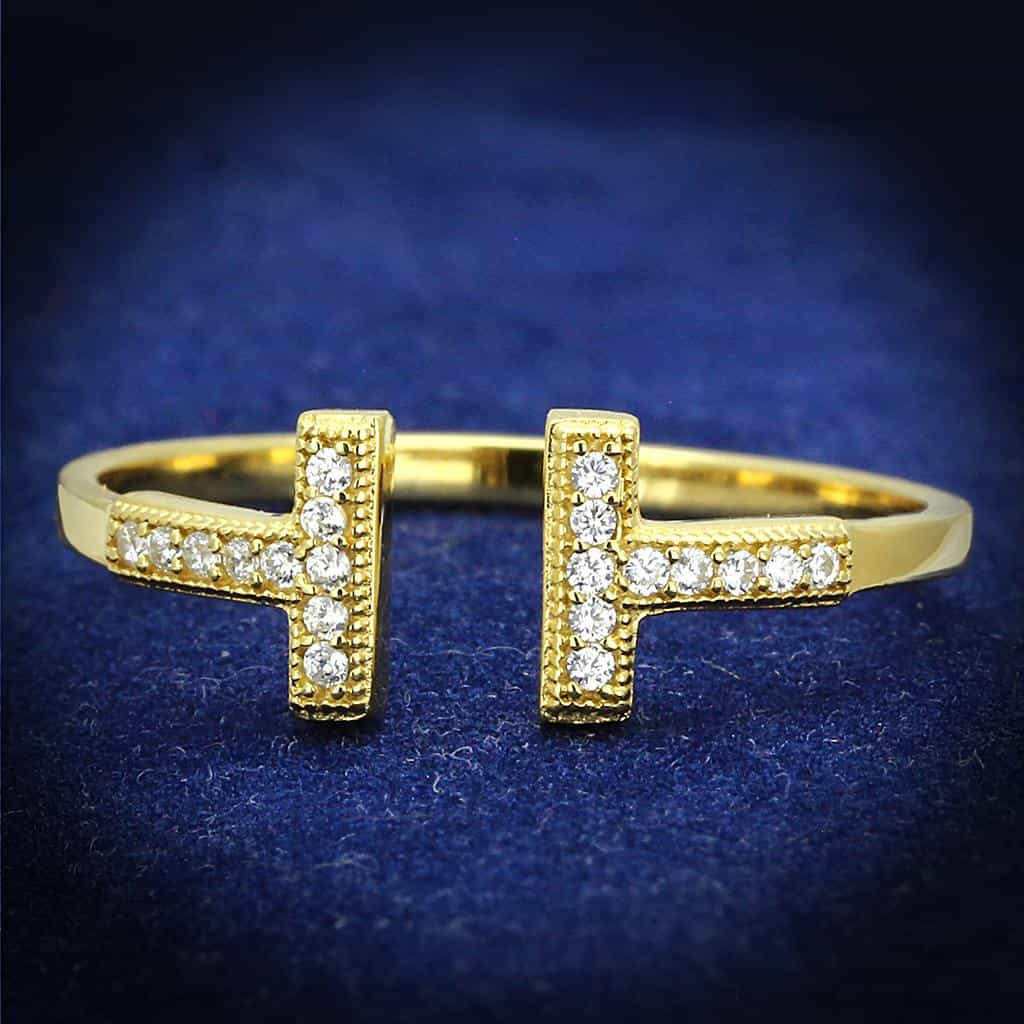 Sterling Silver Gold CZ Pave Double Cross T Bar Open Ring view 1