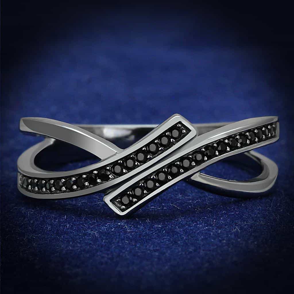 Sterling Silver Black CZ Crossover X Pave Ring view 1