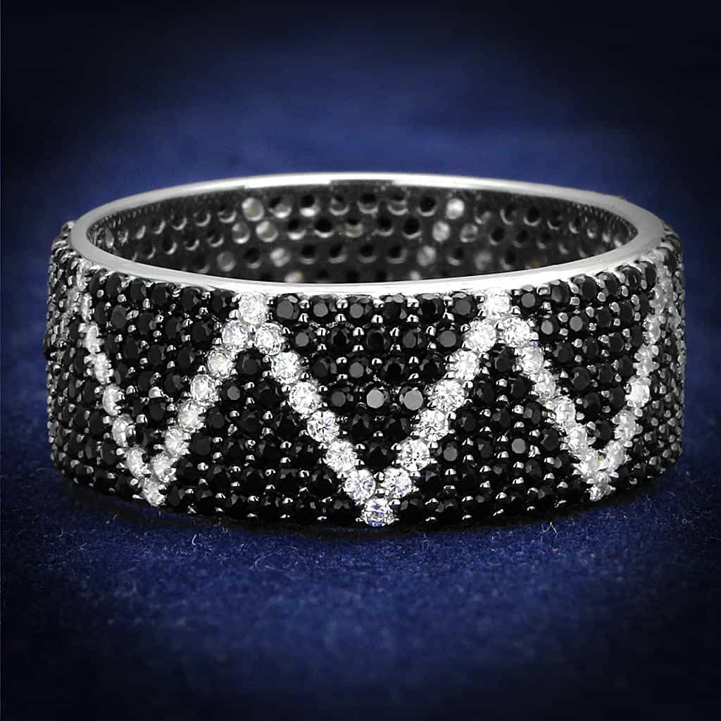 Sterling Silver Black White CZ Zigzag Chevron Wide Band Ring view 6