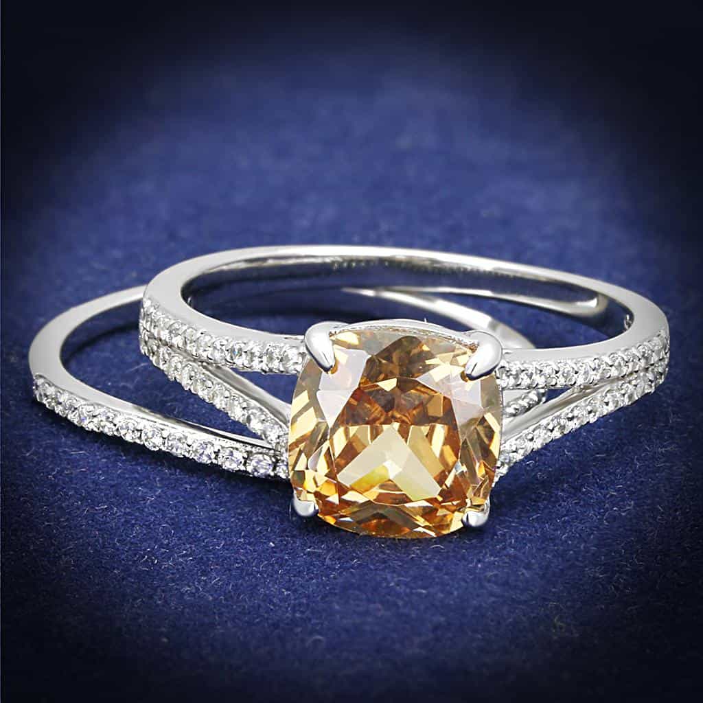 Sterling Silver Champagne Citrine CZ Cushion Solitaire Pave Ring view 6