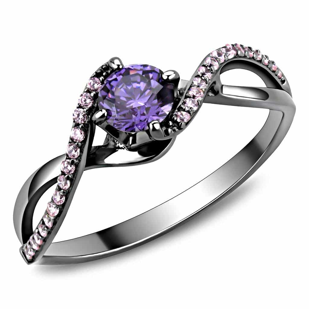 Sterling Silver Amethyst Purple Pink CZ Round Solitaire Ring view 1