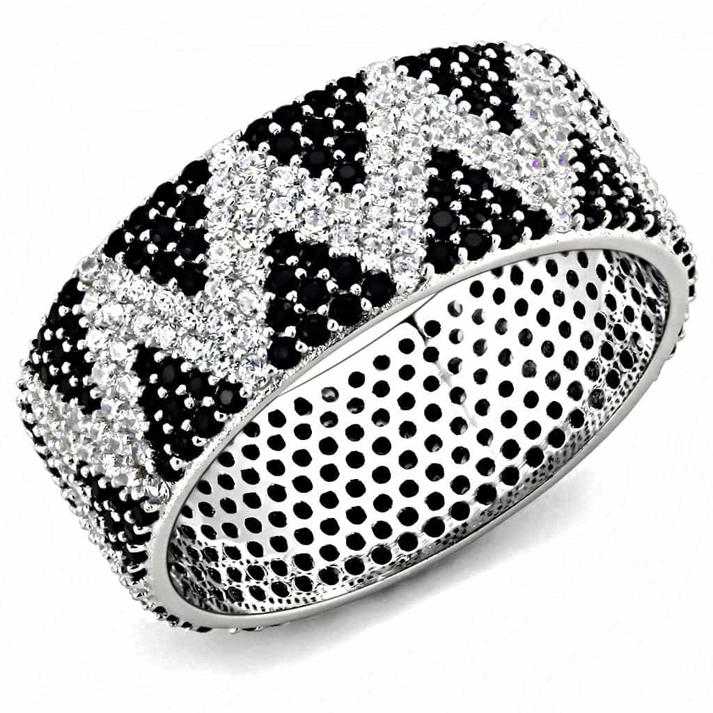 Sterling Silver Black White CZ Geometric Triangle Wide Band Ring view 1