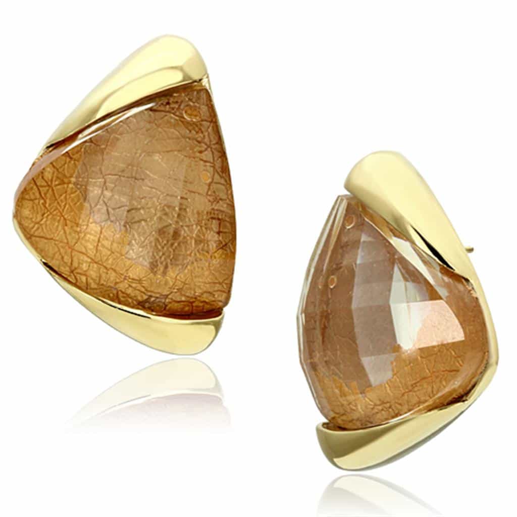 Brass Gold Peach Rutilated Quartz Triangle Earrings view 1