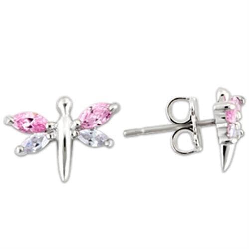Sterling Silver Pink CZ Dragonfly Stud Earrings