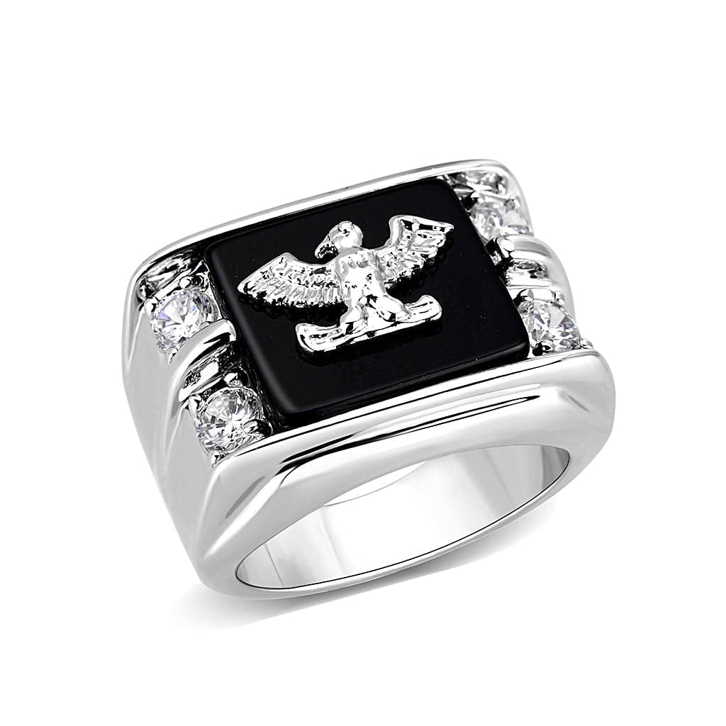 Brass Silver Black Enamel Eagle CZ Signet Ring