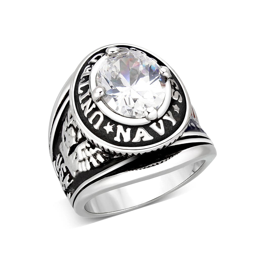 Brass Silver CZ Round Halo Navy Signet Ring
