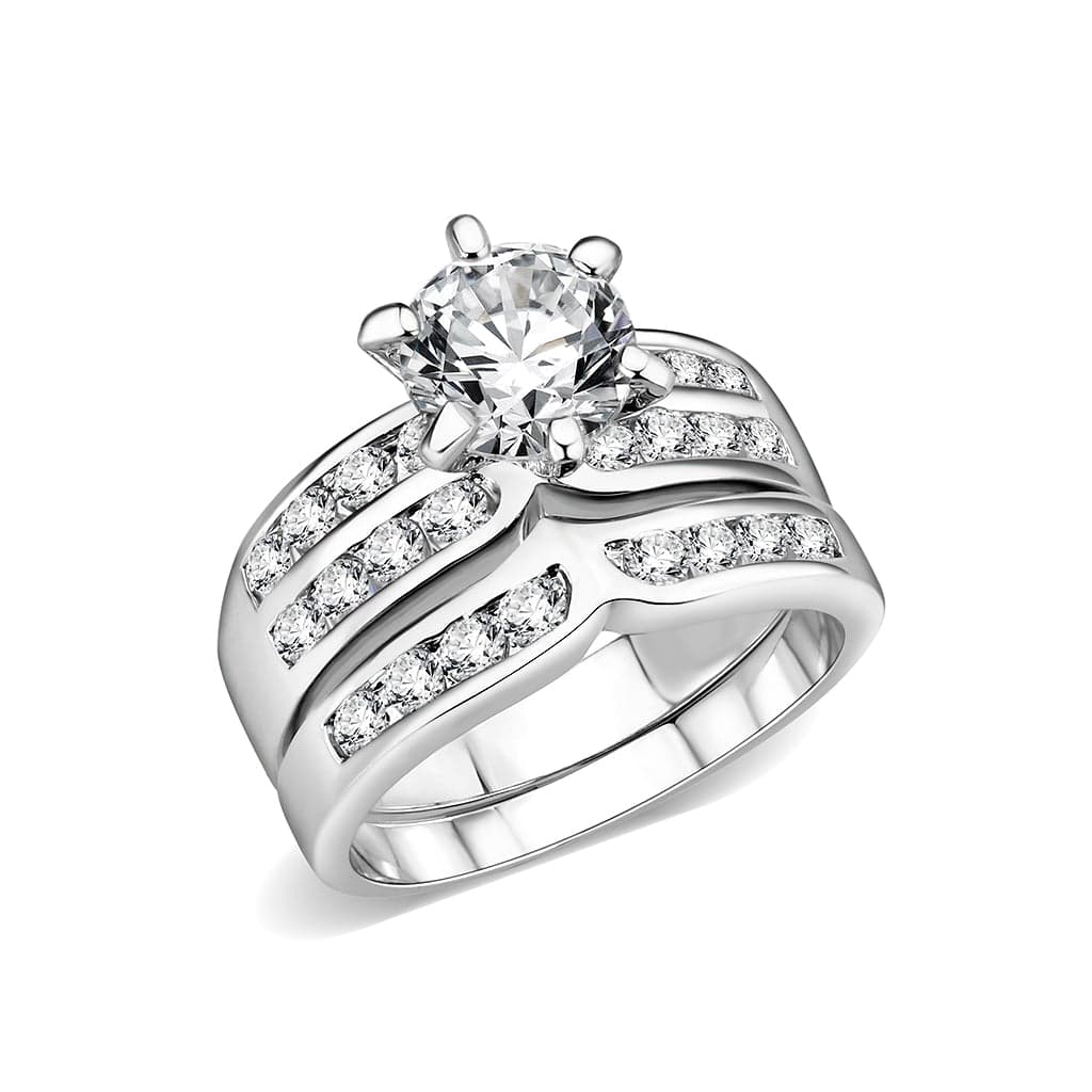 Brass Silver CZ Round Solitaire Channel Bridal Ring Set Ring