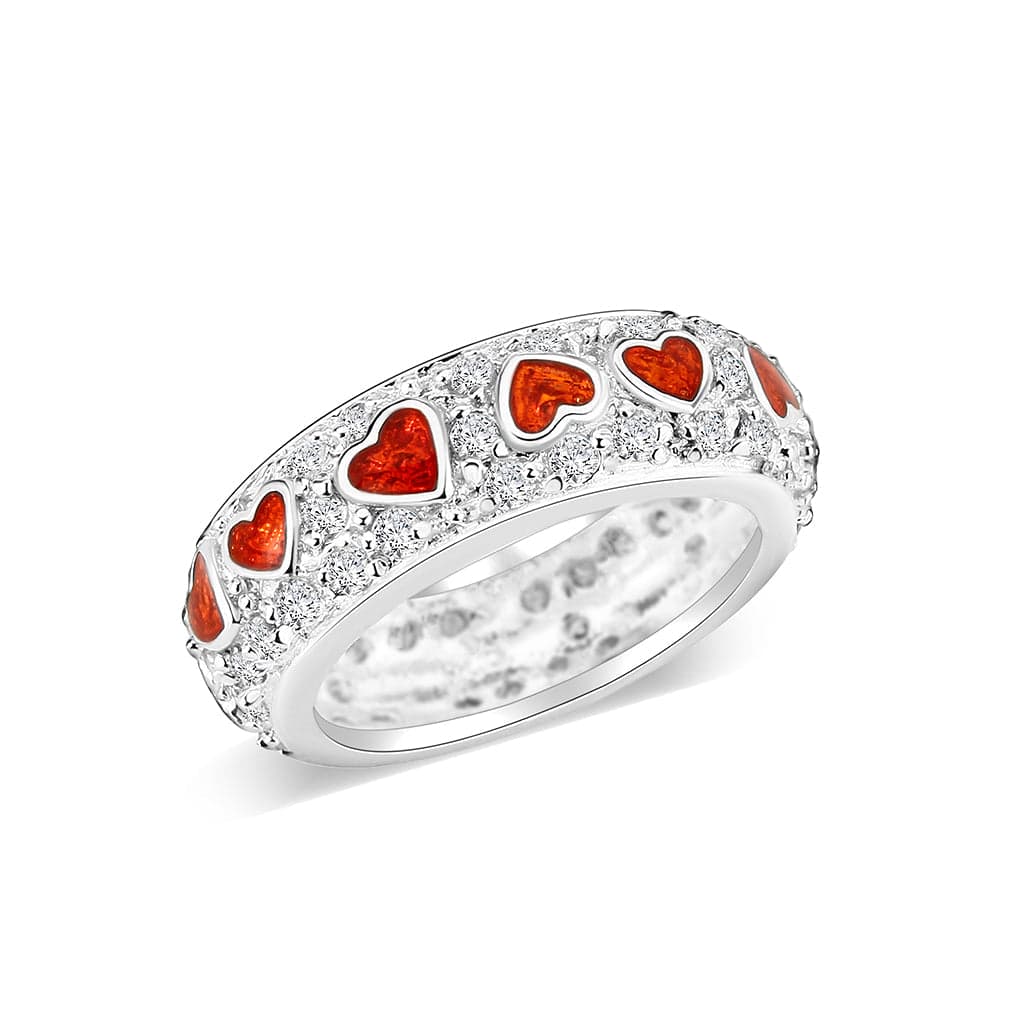Brass Silver CZ Red Enamel Heart Pave Band Ring