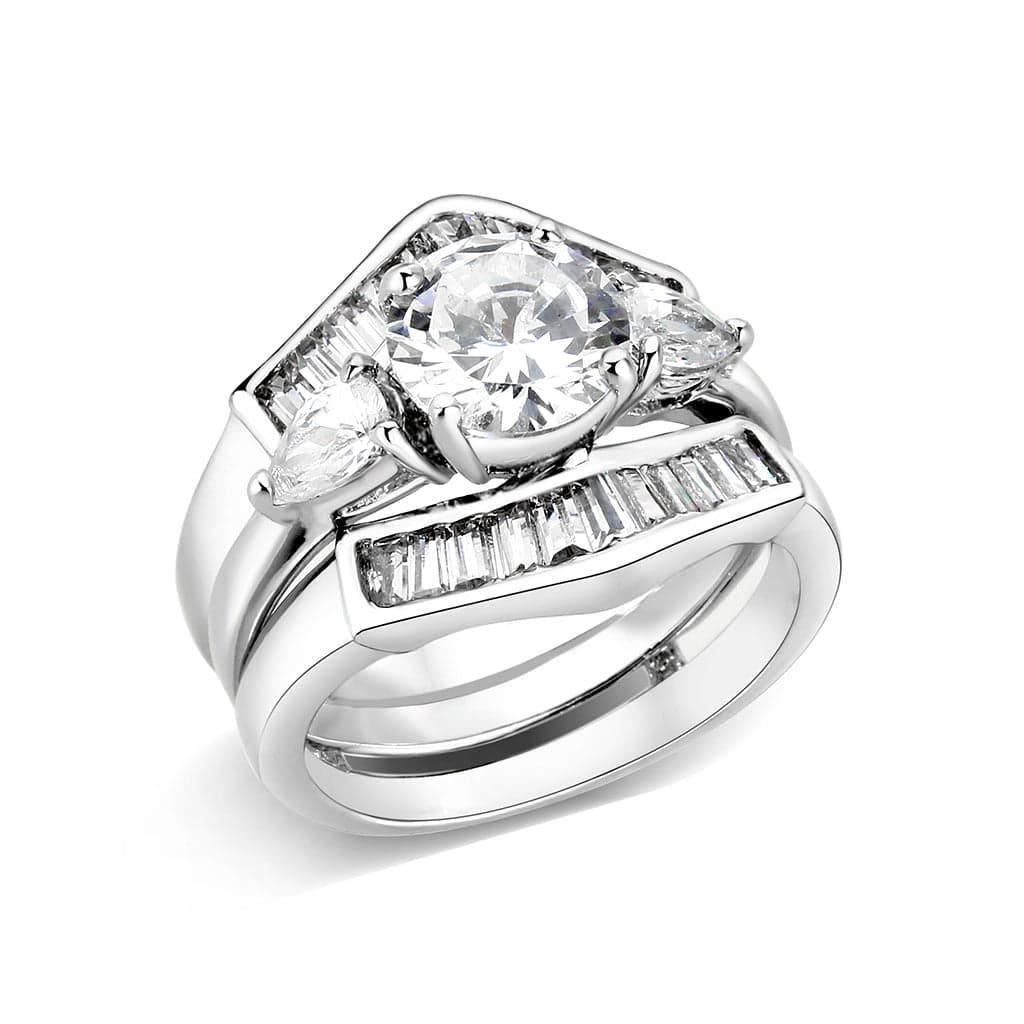 Brass Silver CZ Heart Solitaire Baguette Bridal Ring Set Ring