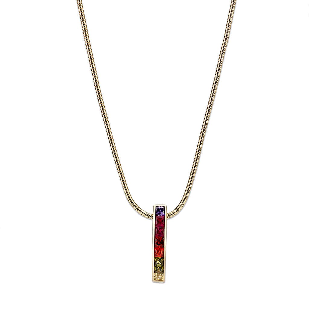 Brass Gold Multi Color Rainbow Bar Pendant Necklace