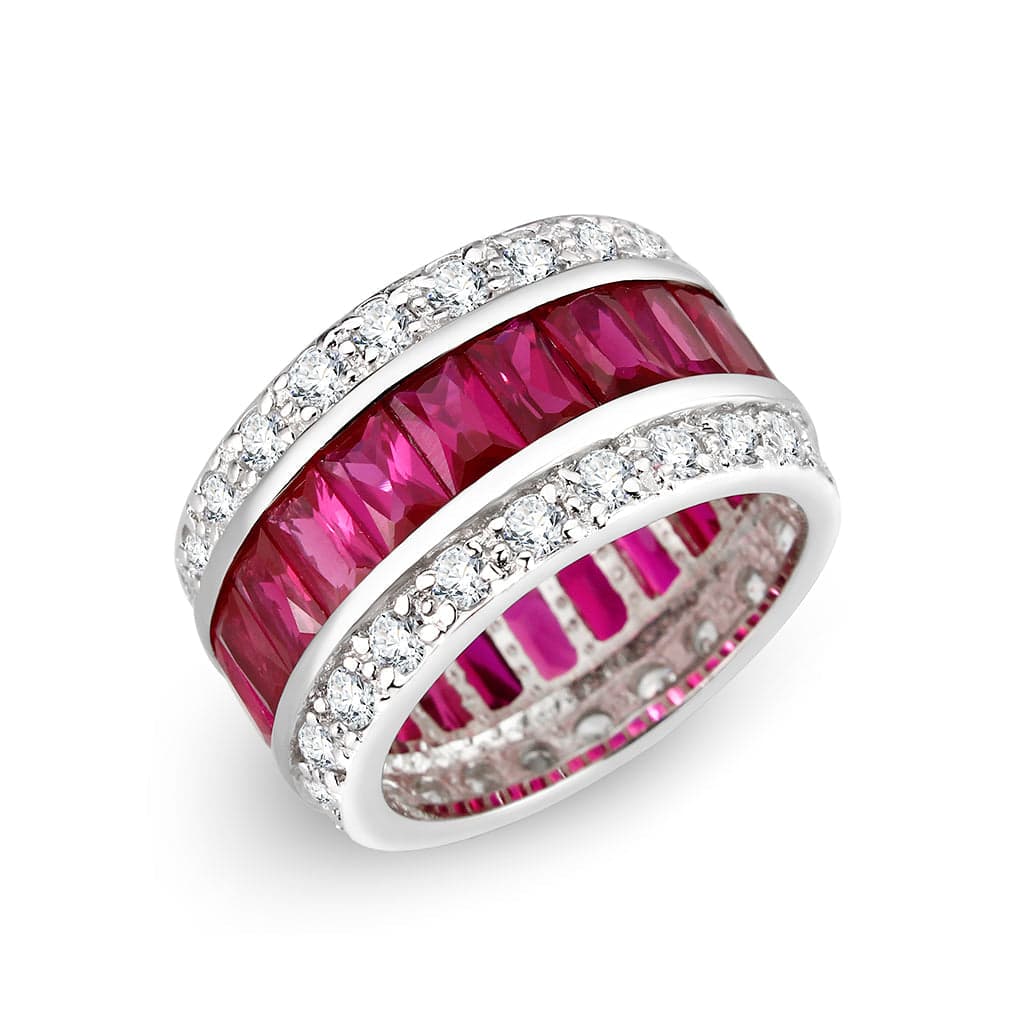 Brass Silver Ruby Red Baguette CZ Pave Eternity Band Ring