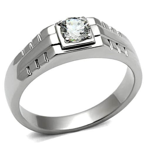 Stainless Steel CZ Round Bezel Square Frame Ring