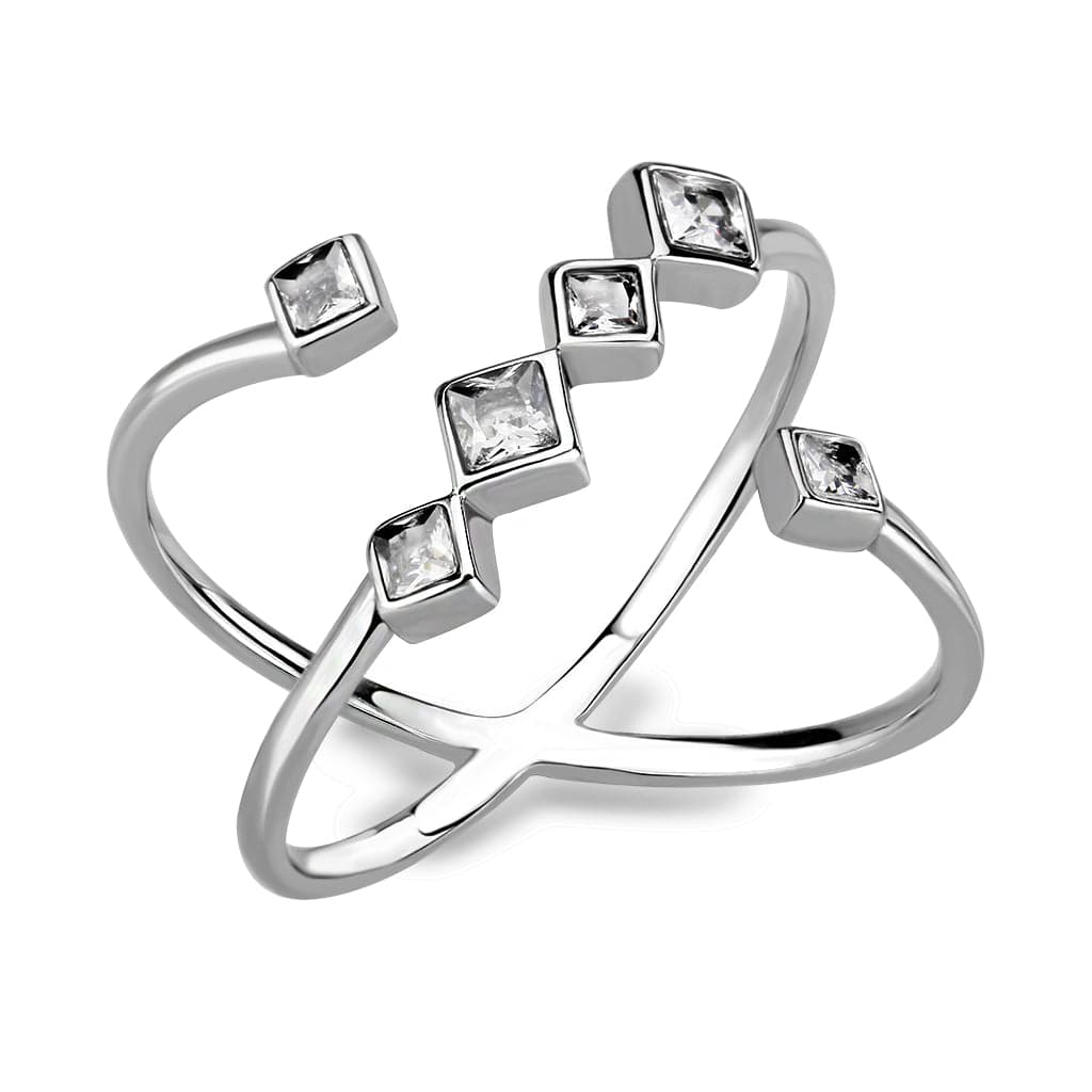 Stainless Steel Silver CZ Square X Crossover Open Ring