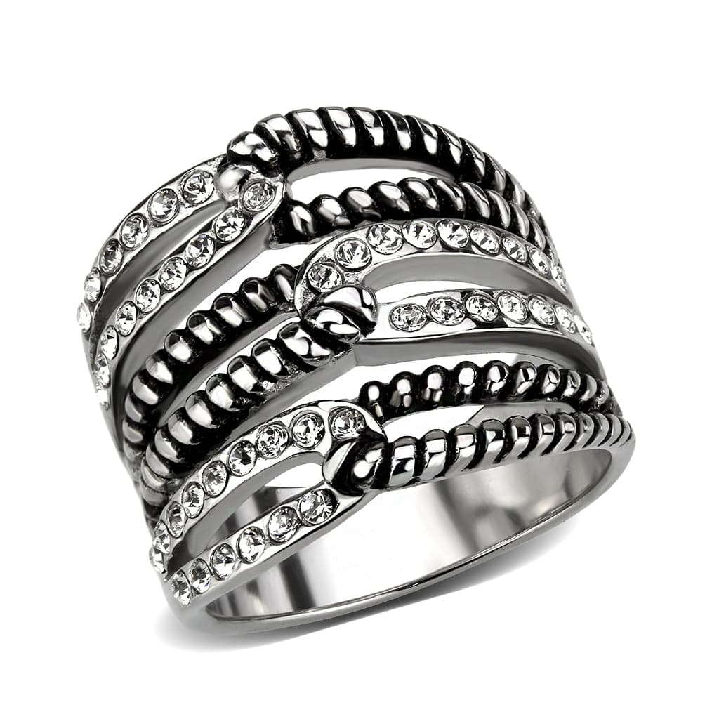 Stainless Steel Dark IP CZ Pave Rope Chain Multi Row Wide Ring