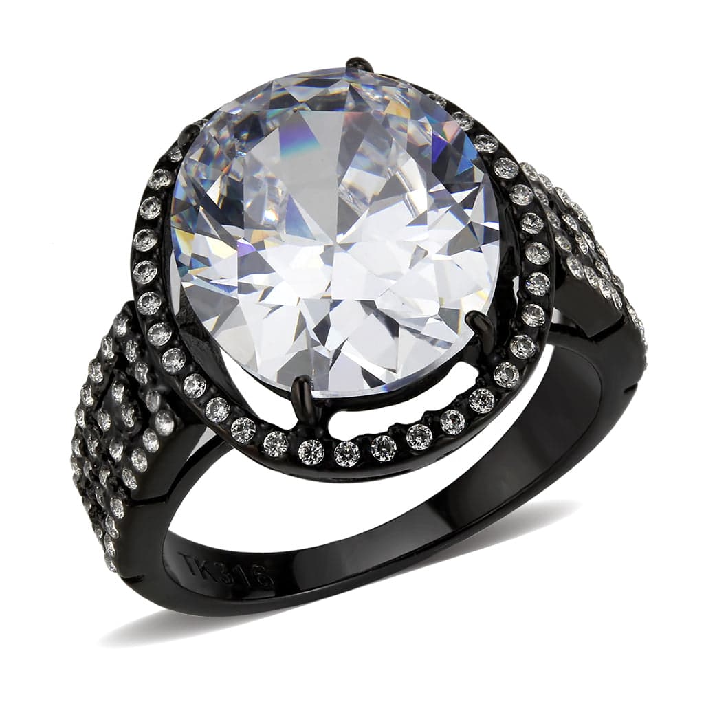 Stainless Steel Dark IP CZ Oval Pave Halo Cocktail Ring
